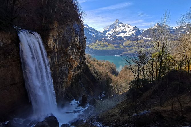 From Zurich: Breathtaking waterfall and lakes private tour - Behind the waterfall near Linthal